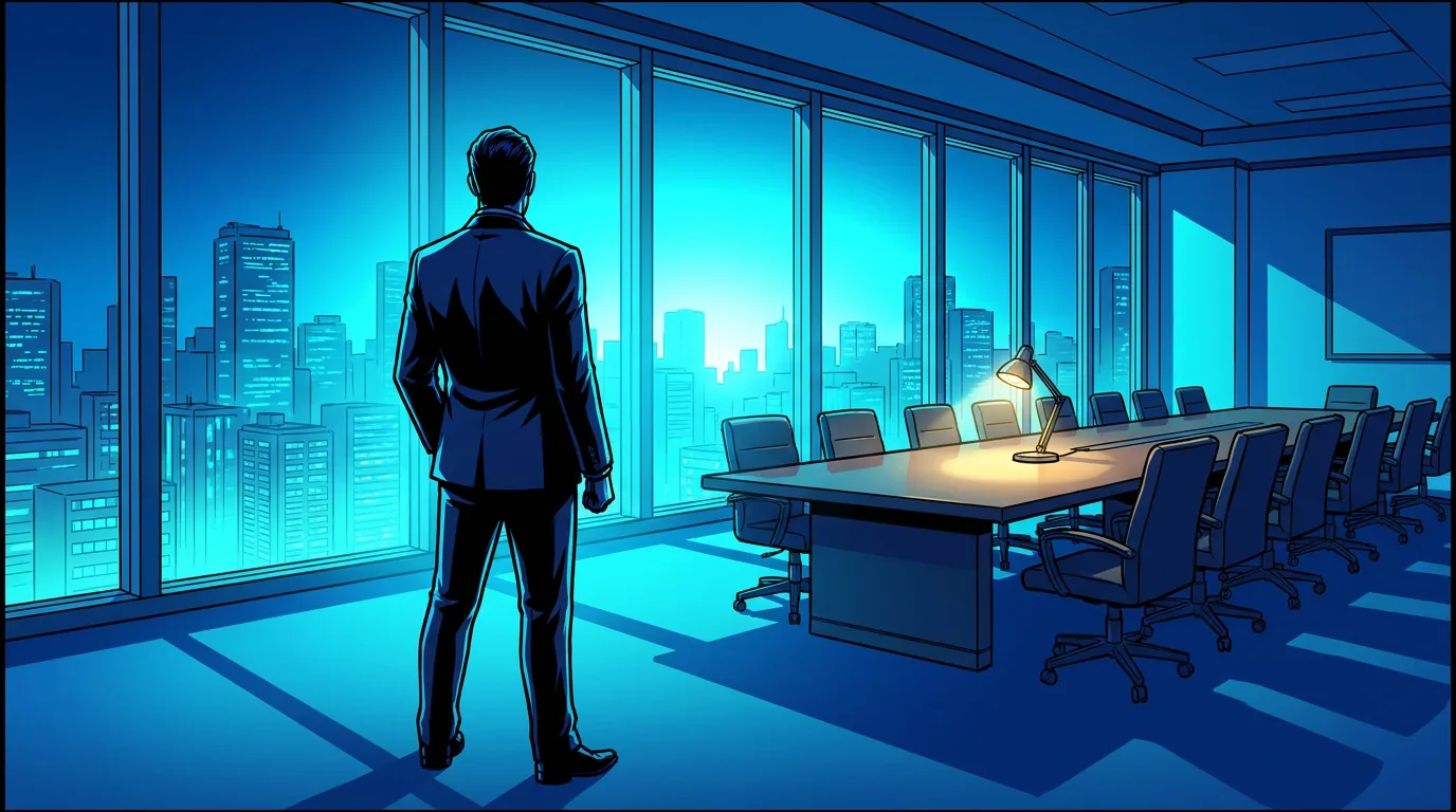 A CEO alone at a boardroom window at night