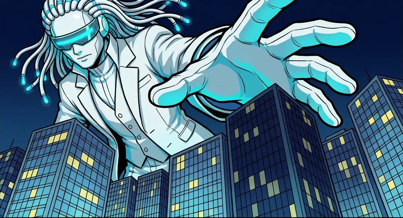 OMNI, the omni agent, towers over a city of software companies